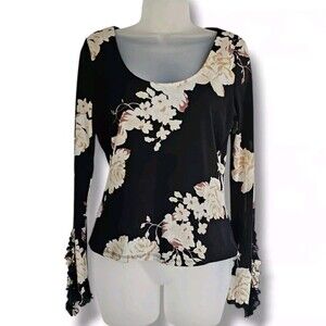 INC 90s Y2K Black Floral Mesh Top Size M Ruffle Sleeve Whimsigoth Fairy Grunge